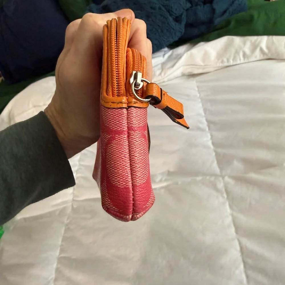 Coach Signature Stripe Double Zip Wristlet | Orange and Pink - Picture 9 of 15